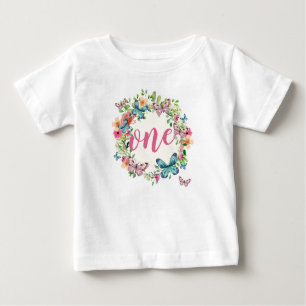 Elegant First Birthday Floral Wreath   Ruffle Tee