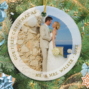 Elegant First Christmas as Mr and Mrs Photo Ceramic Ornament