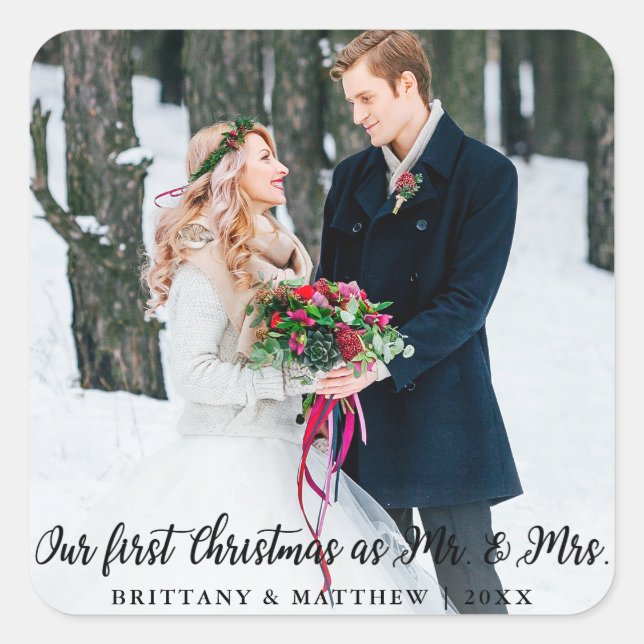 Elegant First Christmas as Mr. and Mrs. Square Sticker (Front)