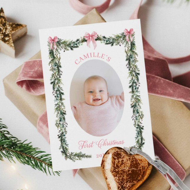 Elegant First Christmas Baby Girl Photo Card (First Christmas Baby Girl Photo Card)