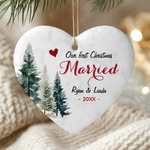 Elegant first Christmas Married heart shaped Ceramic Ornament