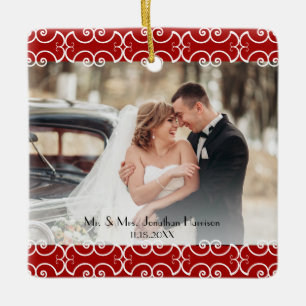 Elegant First Christmas Married Red Photo Wedding Ceramic Ornament