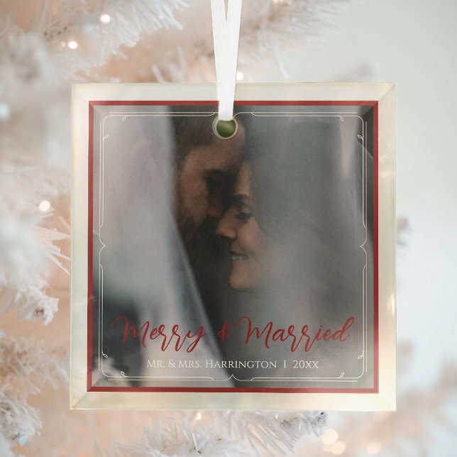 Elegant First Christmas Merry and Married Photo Glass Tree Decoration (Creator Uploaded)