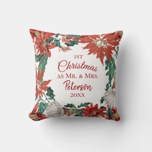 Elegant First Christmas Mr Mrs Floral Wreath Cushion
