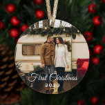 Elegant First Christmas Photo Keepsake Ornament<br><div class="desc">Simply elegant 'First Christmas' ornament for a couple's first Christmas or a newlywed couple's first married Christmas. Ornament features a two-sided photo design with custom text that can be personalized. The white text color can be modified to complement your photo.</div>