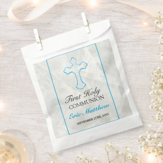 Elegant First Communion Blue Cross with Marble Favour Bag