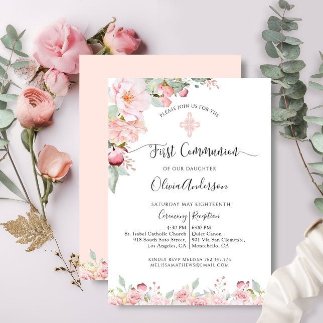 Elegant First Communion Mint and Peach Floral Invitation (Creator Uploaded)