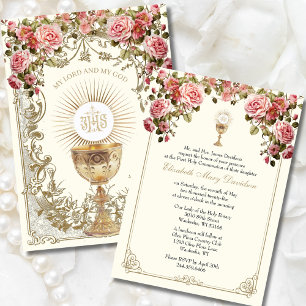 Elegant First Communion Pink Red Roses  Invitation