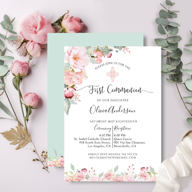 Elegant First Communion Rose Gold, Mint Floral Invitation (Creator Uploaded)