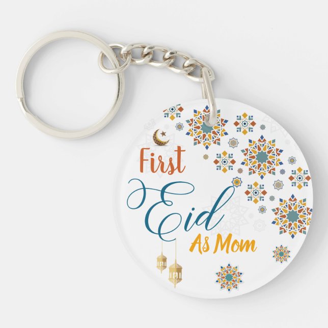 Elegant First Eid Mubarak Mum Calligraphy Moon  Key Ring (Front)