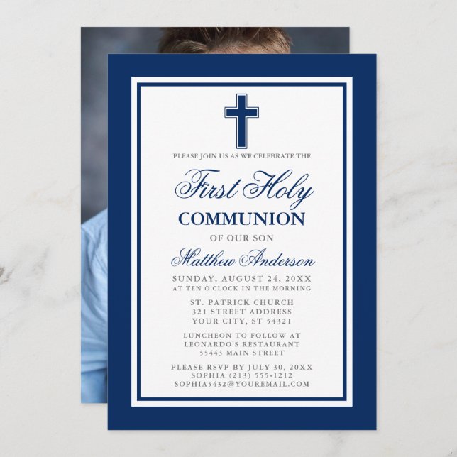 Elegant First Holy Communion Blue Silver Photo Invitation (Front/Back)