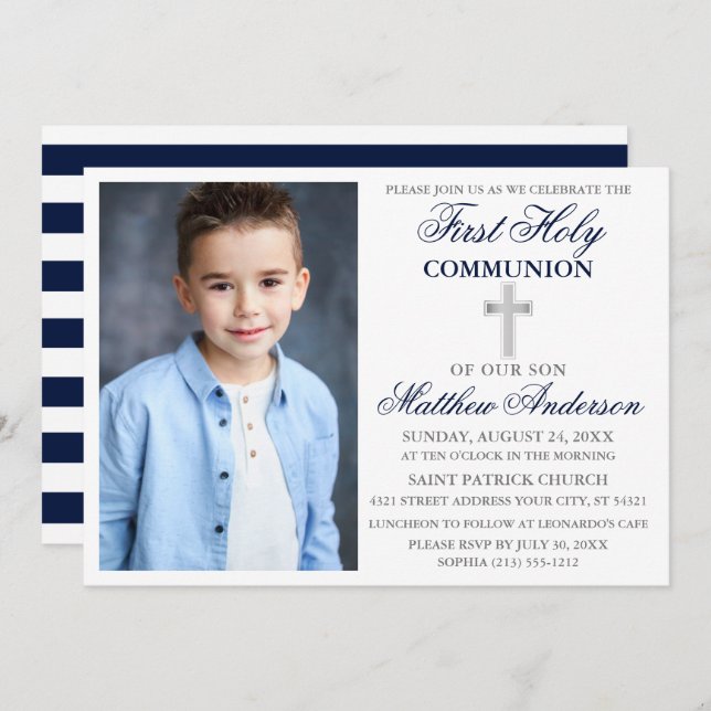 Elegant First Holy Communion Blue Silver Striped Invitation (Front/Back)