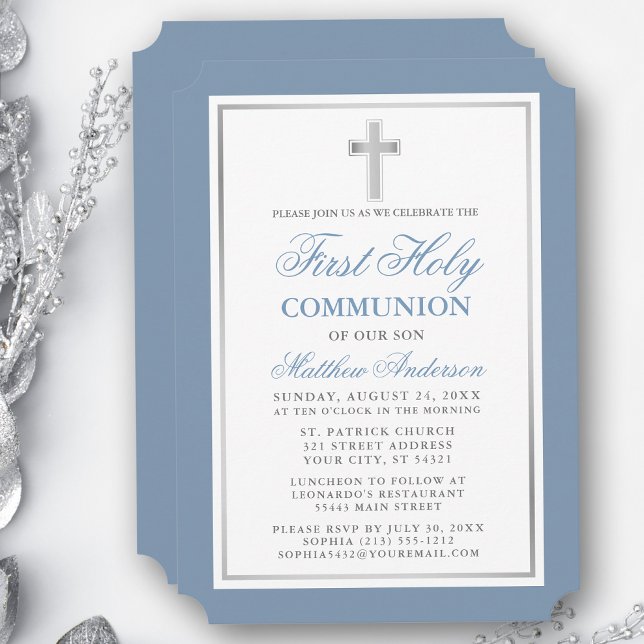Elegant First Holy Communion Dusty Blue Silver Invitation (Customize to change text size, style, color or to add more text or photos to back of card.)