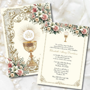 Elegant First Holy Communion Floral  Invitation