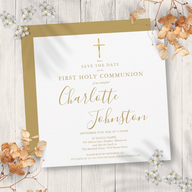 Elegant First Holy Communion Gold  Save The Date Announcement (Elegant First Holy Communion Gold Save The Date Announcement)