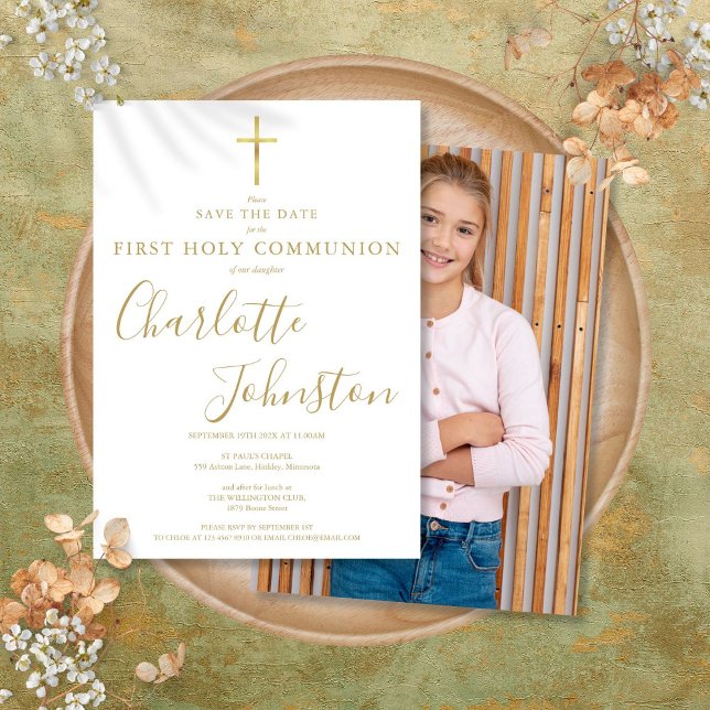 Elegant First Holy Communion Gold Signature Photo Save The Date (Elegant First Holy Communion Gold Signature Photo Save The Date)