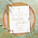 Elegant First Holy Communion Gold Signature Save T Announcement Postcard<br><div class="desc">Elegant First Holy Communion gold signature save the date invitation featuring an elegant golden script signature name. Personalise with your special event information in chic gold lettering on this gender-neutral design. Designed by Thisisnotme©</div>