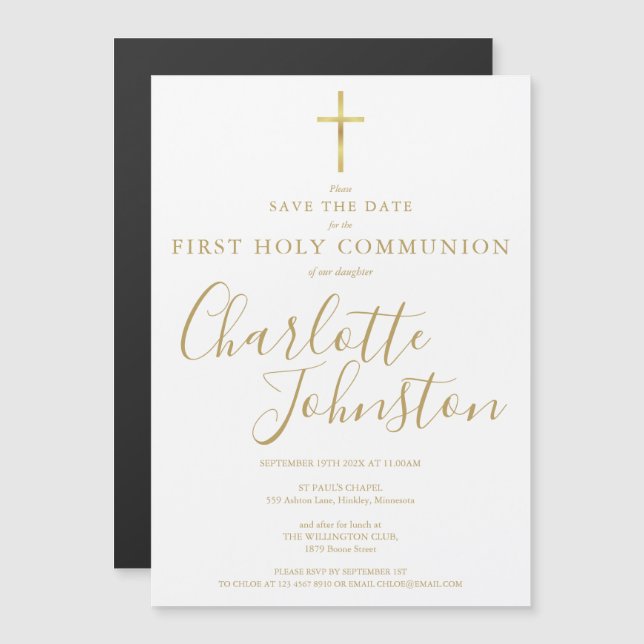 Elegant First Holy Communion Gold Signature Save T Magnetic Invitation (Front/Back)
