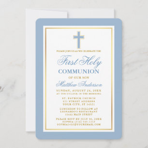 Elegant First Holy Communion Light Blue Gold Invitation