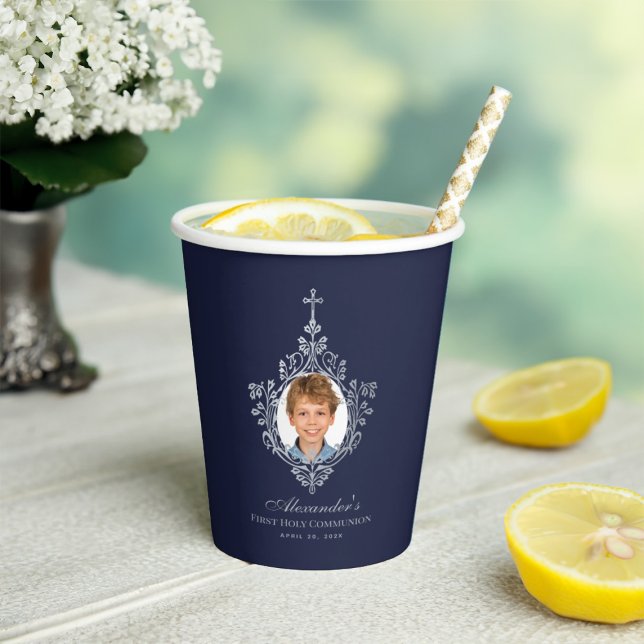 Elegant First Holy Communion Navy Blue Boy Photo Paper Cups (Creator Uploaded)