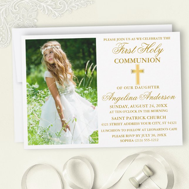 Elegant First Holy Communion Photo Gold Invitation (Creator Uploaded)