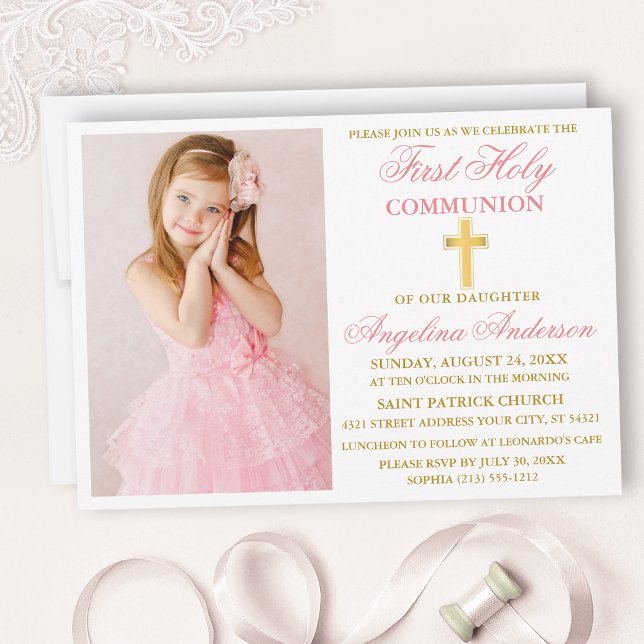 Elegant First Holy Communion Photo Pink and Gold Invitation (Creator Uploaded)