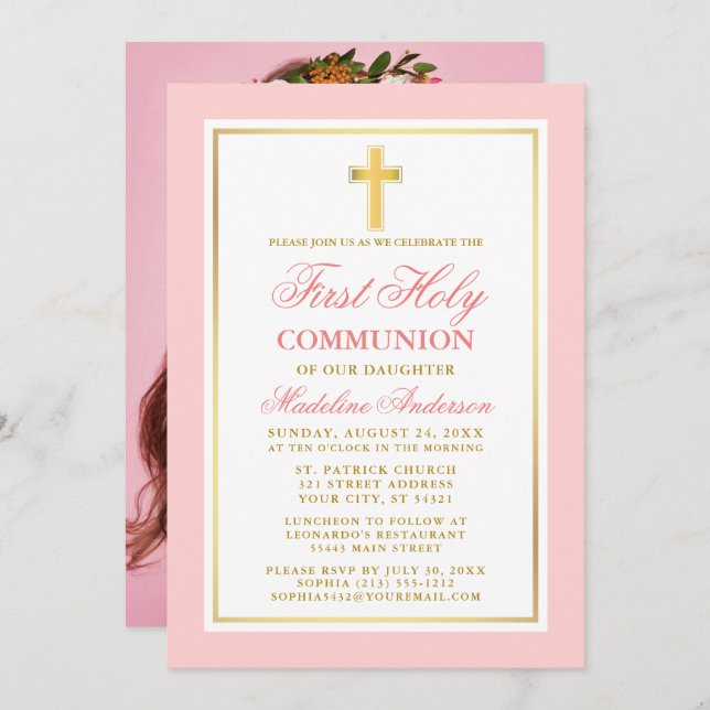 Elegant First Holy Communion Photo Pink Gold Invitation (Front/Back)
