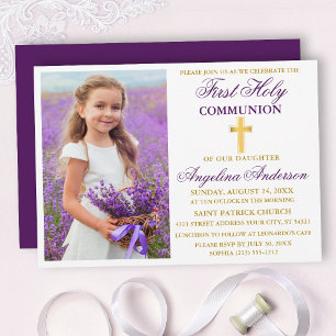 Elegant First Holy Communion Photo Purple Gold Invitation