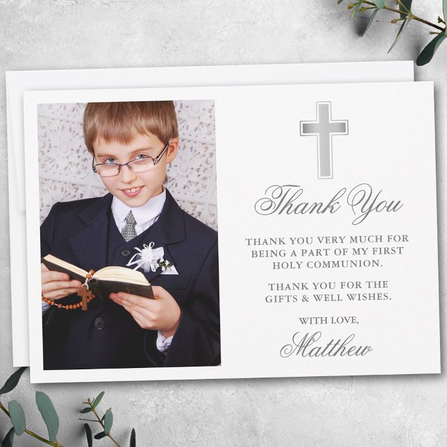 Elegant First Holy Communion Photo Silver Thank You Card (Customize to change text size, style, color or to add more text or photos to back of card.)