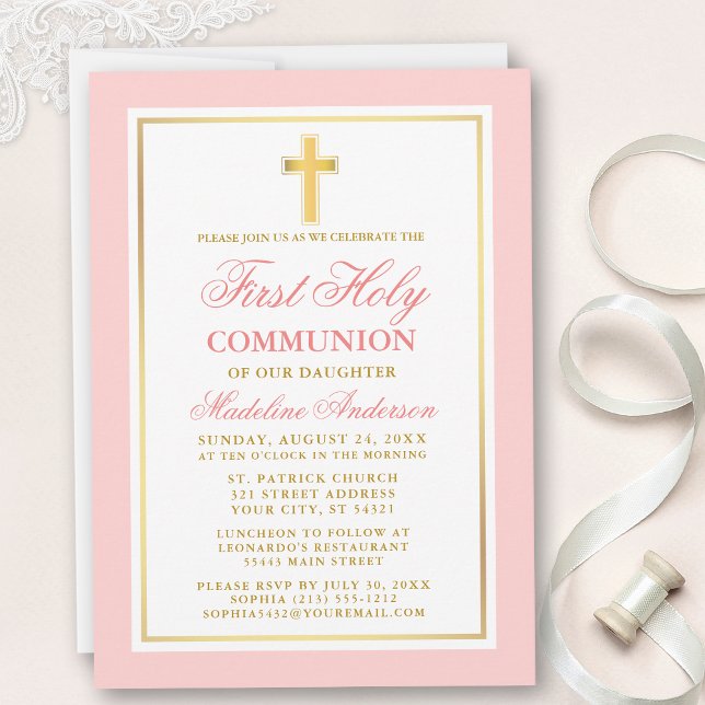 Elegant First Holy Communion Pink Gold Invitation (Customize to change text size, style, color or to add more text or photos to back of card.)