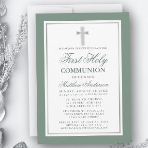Elegant First Holy Communion Sage Green Silver Invitation