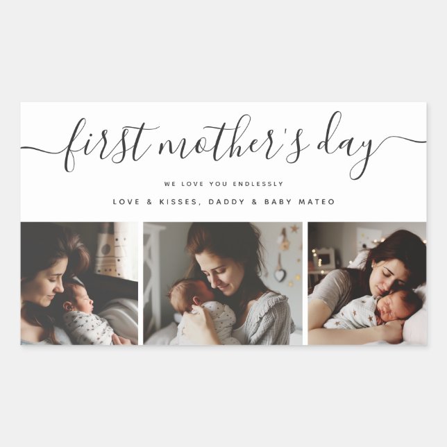 Elegant First Mother's Day Custom Photo Collage Rectangular Sticker (Front)