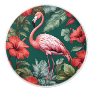 Elegant Flamingo Hibiscus Flowers Emerald Green Ceramic Knob