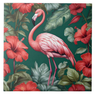 Elegant Flamingo Hibiscus Flowers Emerald Green Ceramic Tile