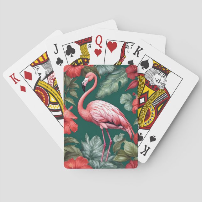 Elegant Flamingo Hibiscus Flowers Emerald Green Playing Cards (Back)