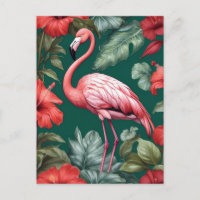 Elegant Flamingo Hibiscus Flowers Emerald Green