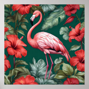 Elegant Flamingo Hibiscus Flowers Emerald Green Poster
