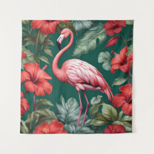 Elegant Flamingo Hibiscus Flowers Emerald Green Tapestry