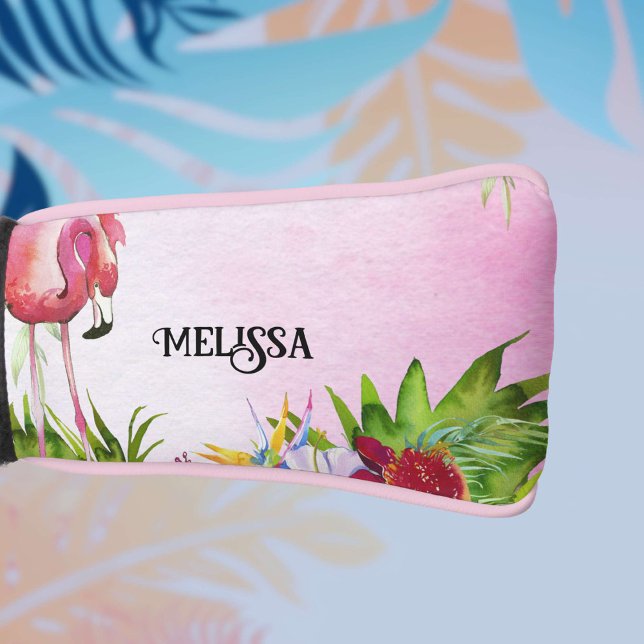 Elegant Flamingo Tropical Floral Golf Head Cover (Tropical watercolor flamingo floral with personlization.)