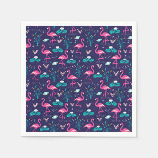 Elegant Flamingos and Lilypads Pattern on Navy Napkin