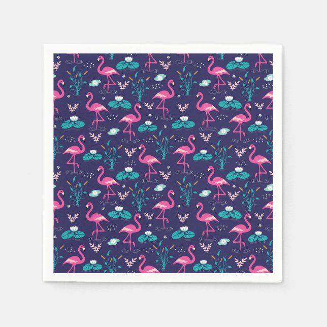 Elegant Flamingos and Lilypads Pattern on Navy Napkin (Front)