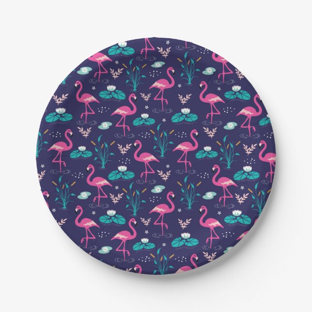Elegant Flamingos and Lilypads Pattern on Navy Paper Plate (Front)