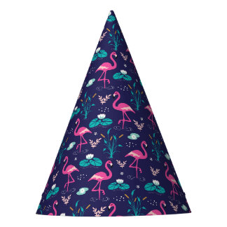 Elegant Flamingos and Lilypads Pattern on Navy Party Hat