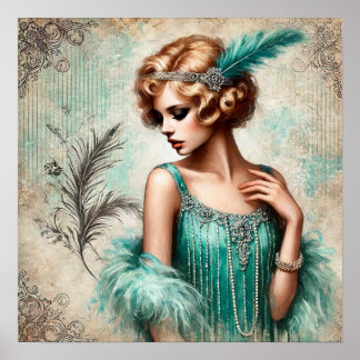 Elegant Flapper Lady in a Turquois Dress, 1920's Poster