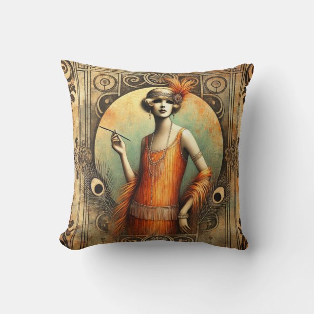 Elegant Flapper Lady in an Orange Dress, Art Deco Cushion (Front)