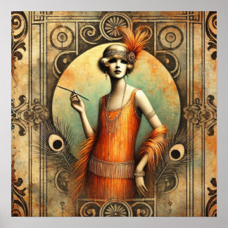 Elegant Flapper Lady in an Orange Dress, Art Deco Poster