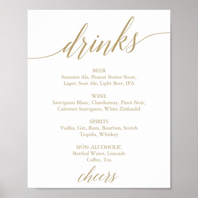 Elegant Flat Gold Calligraphy Drink Menu Sign (Front)