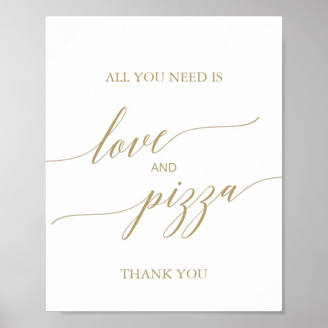 Elegant Flat Gold Calligraphy Love and Pizza Sign (Front)