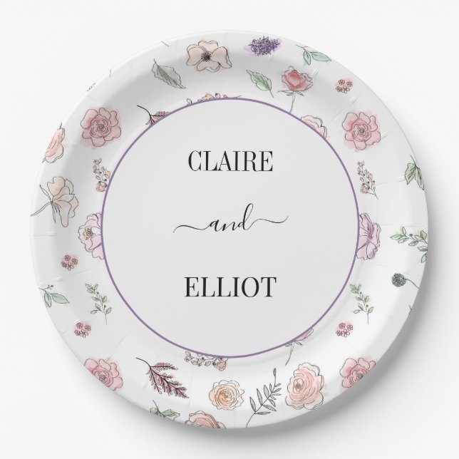 Elegant Flat Modern Botanical Green Wedding Paper Plate (Front)