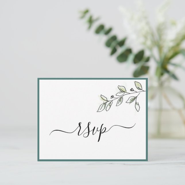 Elegant Flat Modern Green Botanical RSVP Invitation Postcard (Standing Front)